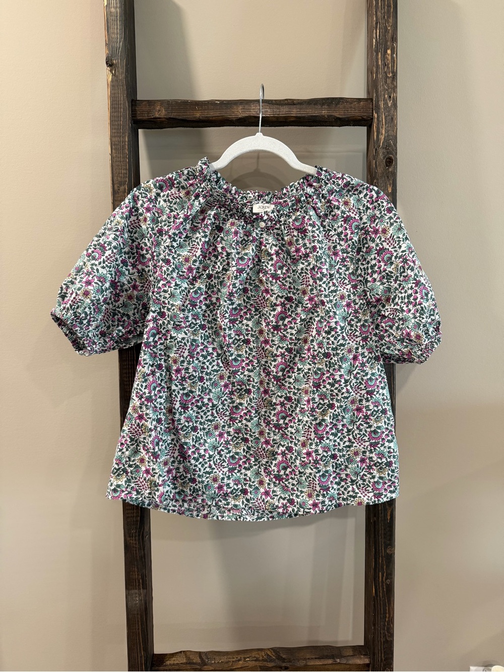 J Crew Floral Puff Sleeve Split Neck Top